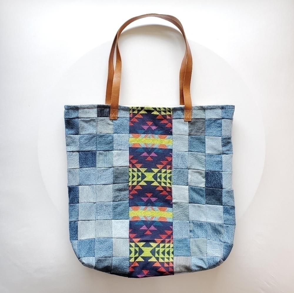 NEW Denim Tote Bag with Leather Straps - Bright Colors Farmers Market Day Trip